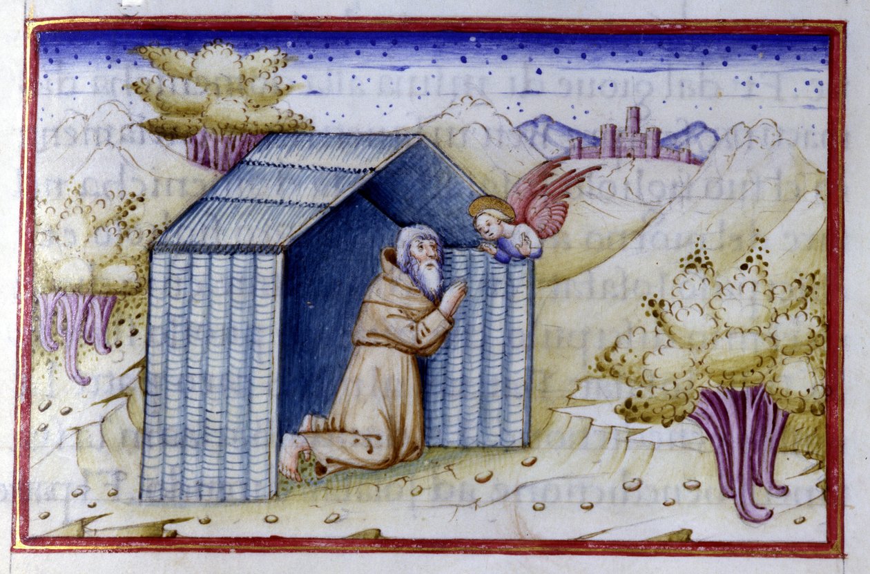 Ein Engel besucht einen Einsiedler. Manuskript des 15. Jahrhunderts. Bibl. Nazionale Braidense von Unknown artist