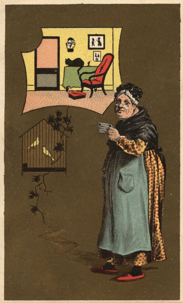 Eine alte Frau hält eine Tasse in der Nähe eines Käfigs mit Vögeln. Anonyme Chromolithographie, Ende des 19. Jahrhunderts. von Unknown artist
