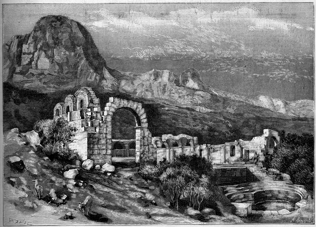 Antike Architektur: Ruinen des römischen Tempels von Zaghouan (Tunesien). Gravur von Riugel in "Die illustrierte Welt" Nr. 1308 vom 22. April 1882. von Unknown artist