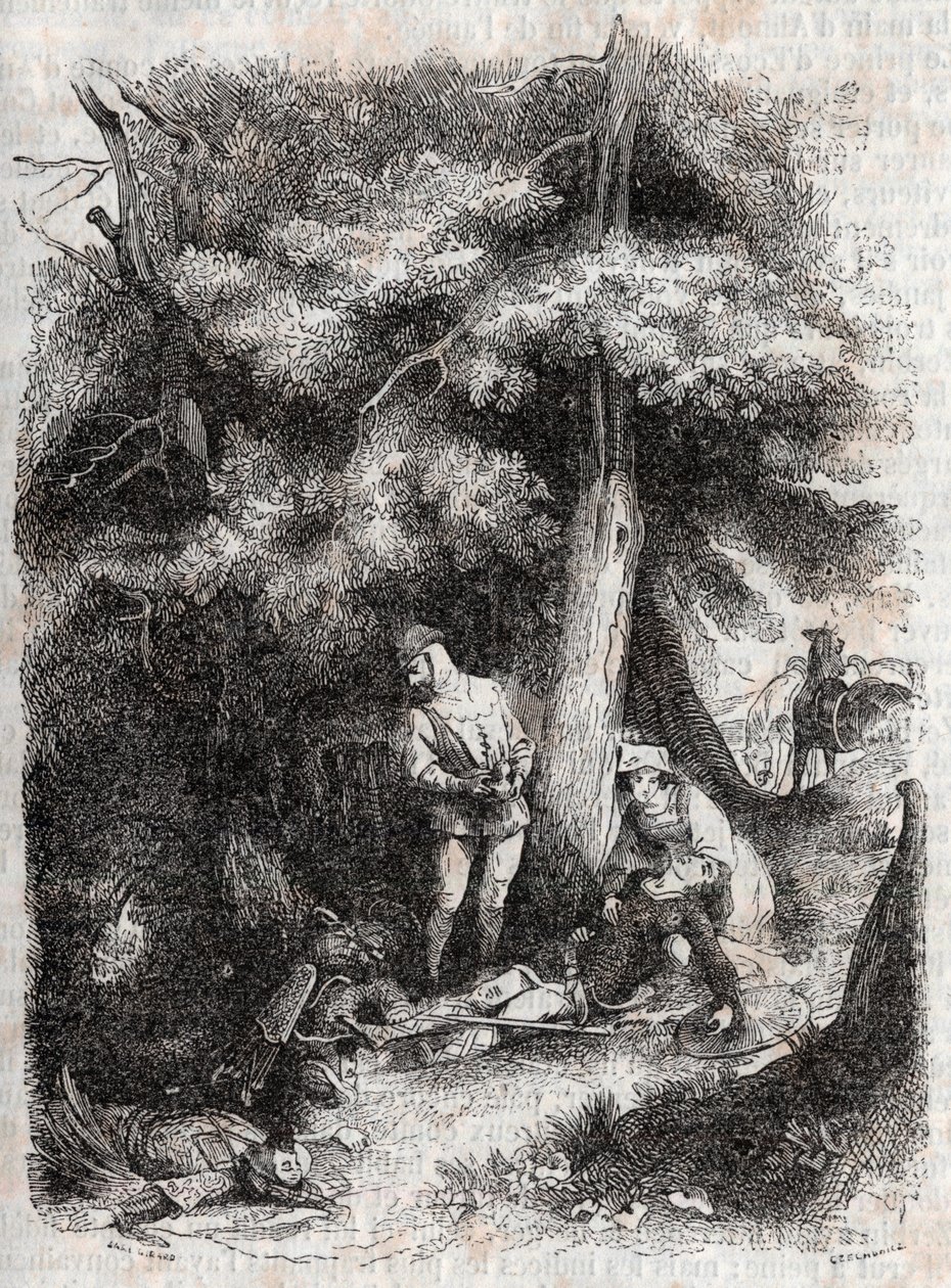 Angelique rettet Medor - Gravur von 1851 aus „Roland furieux“ (Orlando furioso) (16. Jahrhundert) von Ludovico Ariosto, bekannt als der Ariosta - Ausgabe übersetzt aus dem Italienischen von Graf von Tressan und veröffentlicht von Gustave Harvard von Unknown artist