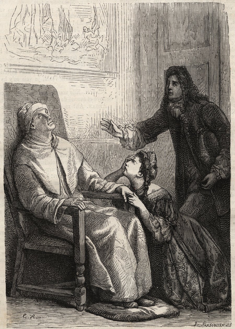 Angelique kniet vor ihrem Vater, den sie für tot hält - Gravur für Jean Baptiste Poquelin, genannt Molière (1622-1673) (Der eingebildete Kranke) von Unknown artist