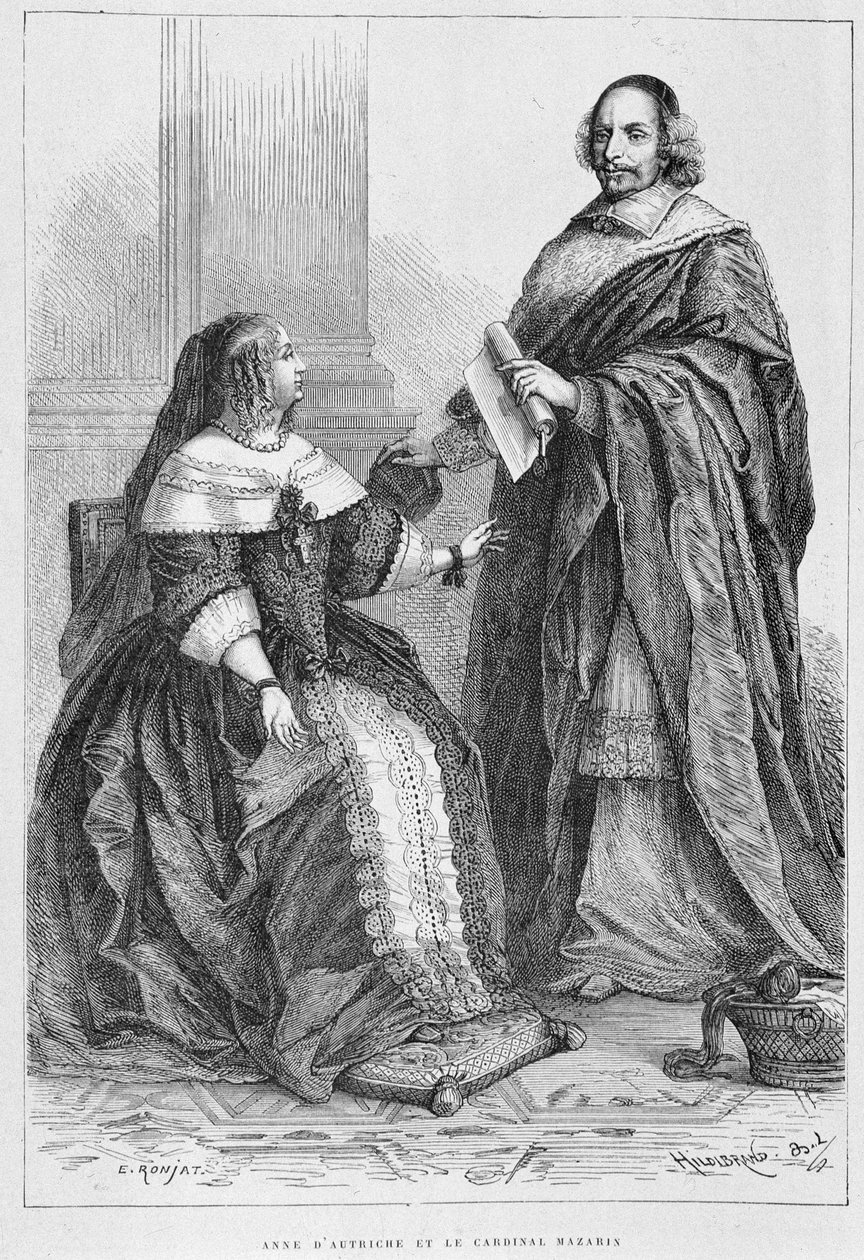 Anna von Österreich und Kardinal Jules Mazarin (Giulio Raimondo Mazzarino oder Mazarino) (1602-1661) - Gravur, in „Histoire de France von den frühesten Zeiten bis 1789“ von M. Guizot von Unknown artist