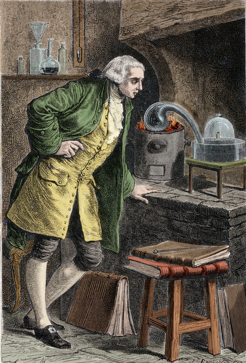 Antoine Laurent Lavoisier (1743-1894) französischer Chemiker, untersucht die Existenz von Sauerstoff in der Luft: Experiment, bei dem er Quecksilberoxid erhielt - Lavoisier in seinem Labor. Gravur des 19. Jahrhunderts. von Unknown artist