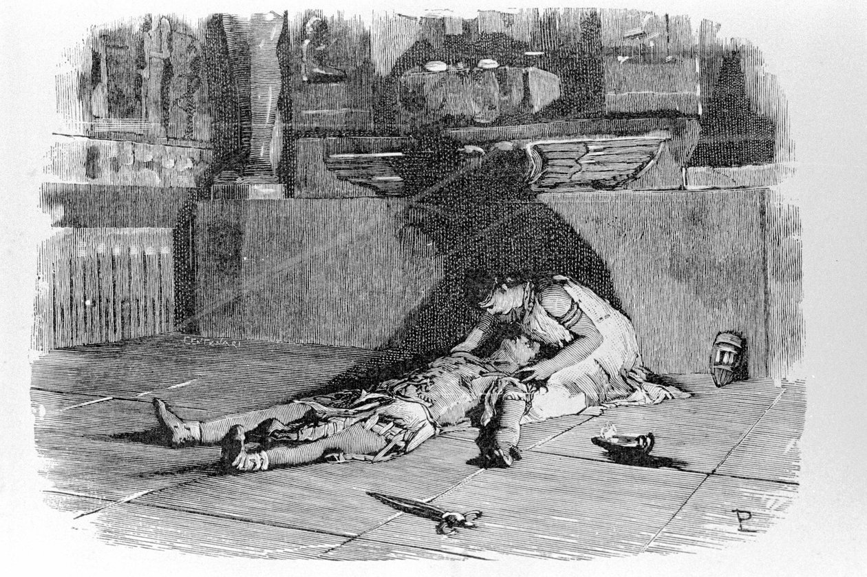Antonius oder Marcus Antonius (83 v. Chr. - 30 v. Chr.) stirbt in den Armen von Kleopatra, nachdem er an ihren Selbstmord geglaubt hatte. Gravur des 19. Jahrhunderts von Unknown artist