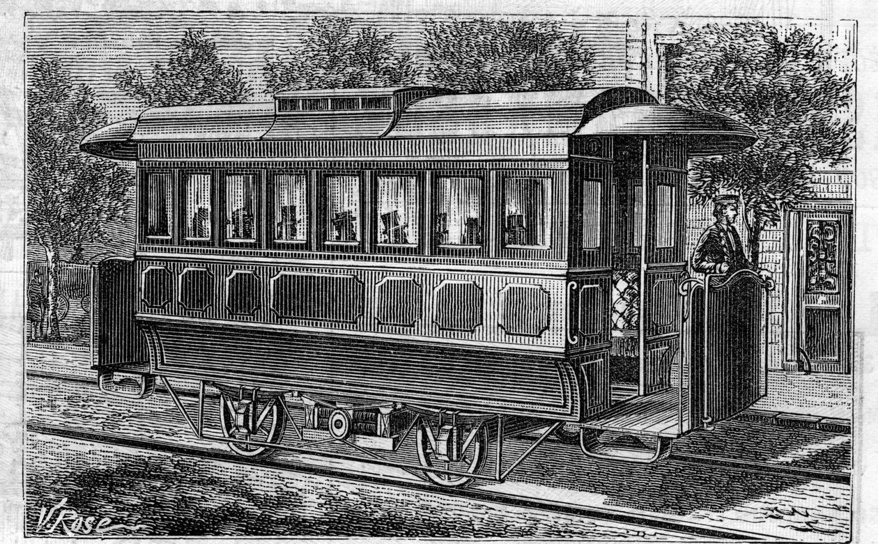 Anwendung von Faure-Batterien: Elektrische Straßenbahn, Modell der Omnibus-Gesellschaft, betrieben mit Batterien. Gravur in Le Monde Illustré von Unknown artist