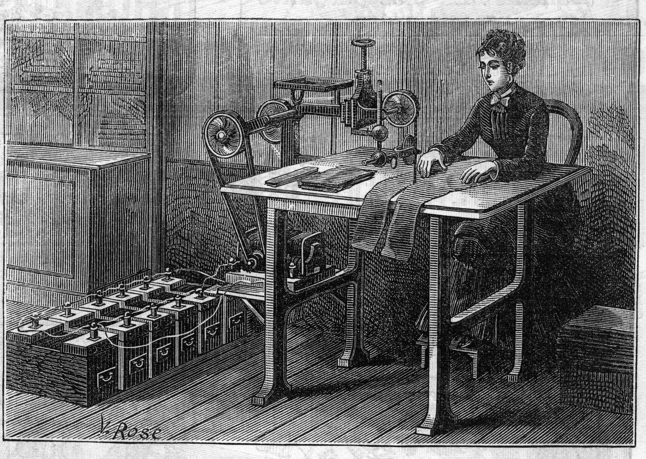 Anwendung von Faure-Batterien: Schneidemaschine für Stoffe, betrieben durch den Akkumulator. In „Le Monde Illustré“ von Unknown artist