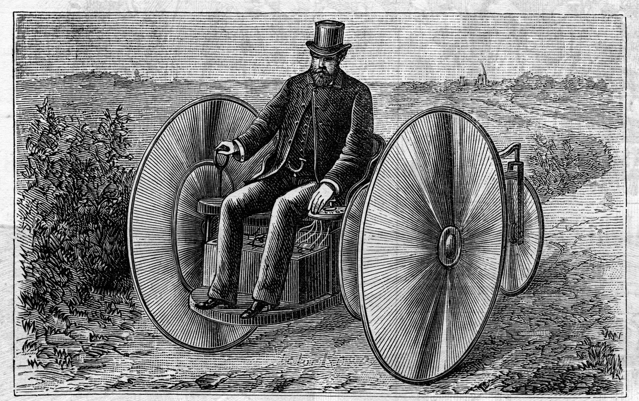Anwendung von Faure-Batterien: elektrisches Dreirad, das sich durch den Akkumulator bewegt. Gravur in „Le Monde Illustré“ von Unknown artist
