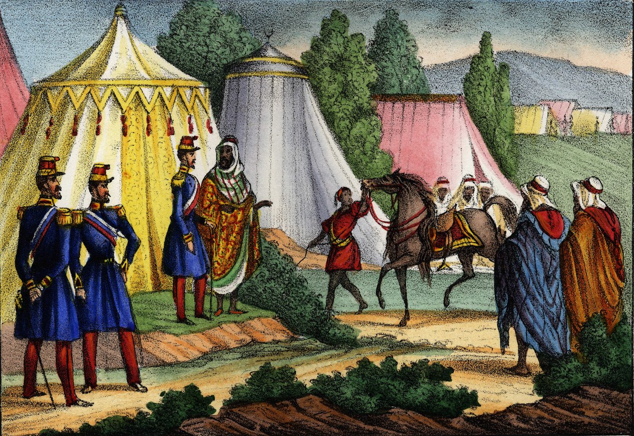 Arabischer Anführer bietet einem Offizier der französischen Armee Afrikas ein Pferd an, Algerien von Unknown artist