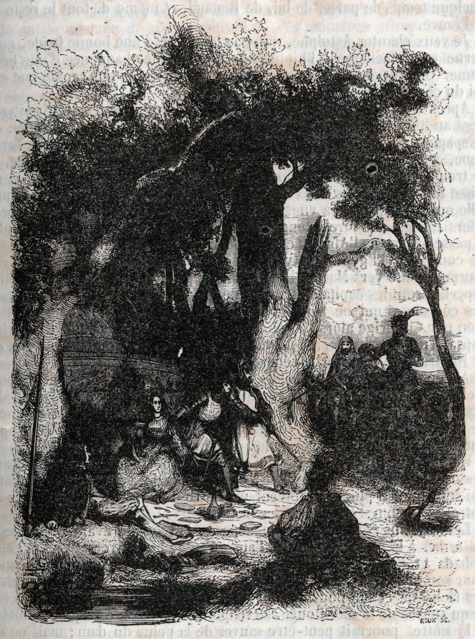 Ankunft von Rodomont und Mandricard am Brunnen von Merlin - Gravur von 1851 aus „Roland furieux“ (Orlando furioso) (16. Jahrhundert) von Ludovico Ariosto, bekannt als der Ariosta - Ausgabe übersetzt aus dem Italienischen von Graf von Tressan und veröffentl von Unknown artist