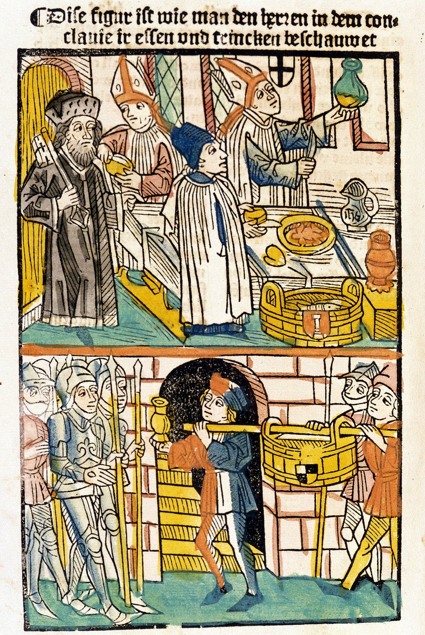 Ankunft von Lebensmitteln, damit die Mitglieder des Konzils von Konstanz (1417), während dessen Papst Martin V. gewählt wurde, essen konnten. „Das Concilium“ von Unknown artist