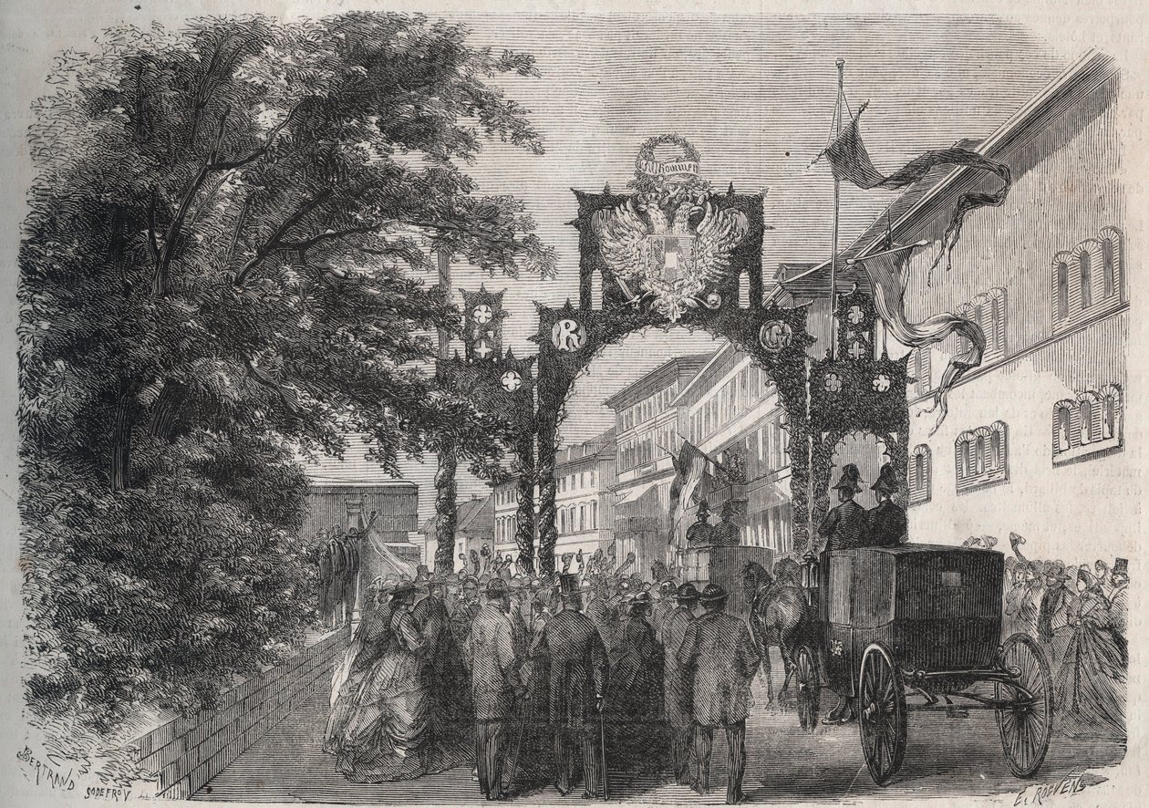 Ankunft der Kaiserin Elisabeth von Österreich (Sissi) in Bad Kissingen (Kurort) im Jahr 1865 - Gravur in „The Illustrous World“ von 1865 von Unknown artist