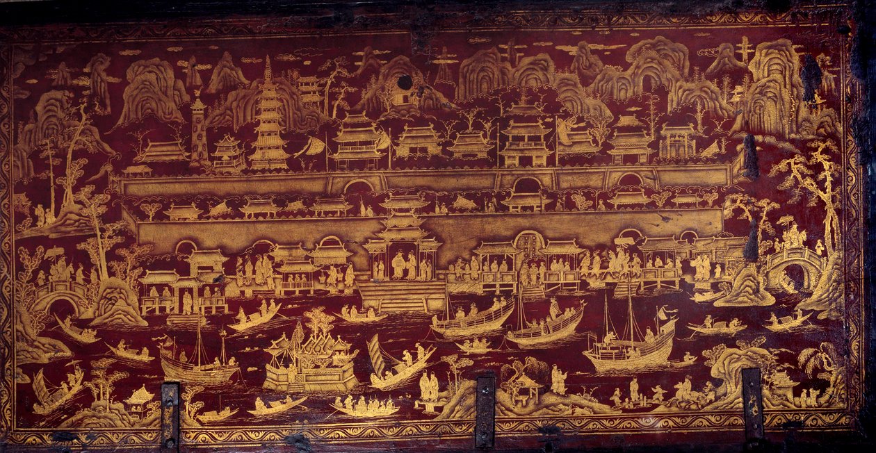 Ankunft der Portugiesen in Nanjing (Nanking oder Namquin), China. Schachtelabdeckung mit roter und goldener Farbe bemalt. 17. Jahrhundert von Unknown artist