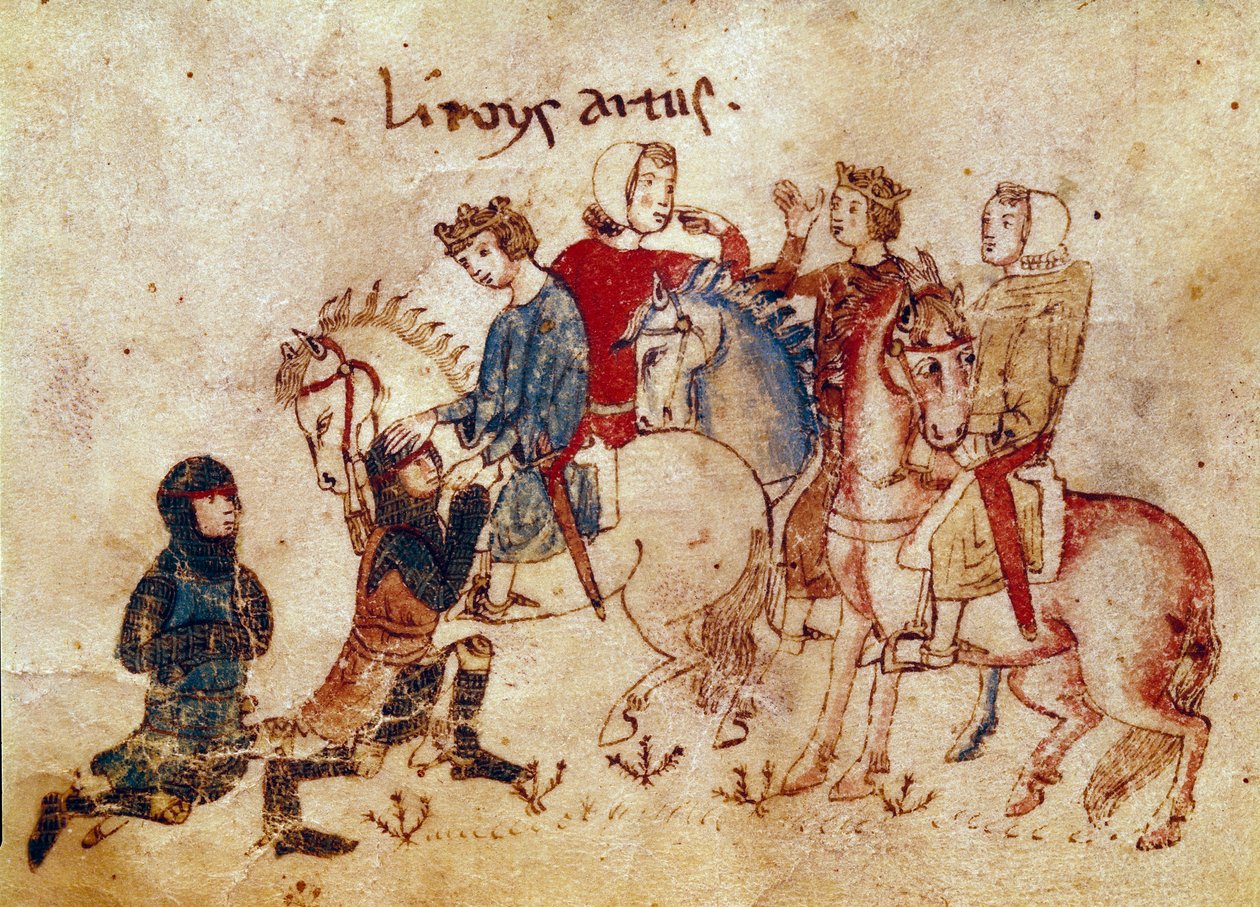 Artuslegende: „König Artus besänftigt Ritter (Meliadus, Esclabor und Arfasar)“. Miniatur aus „Meliadus, Bruder von Tristan“ 14. Jahrhundert Venedig, Biblioteca Marciana von Unknown artist