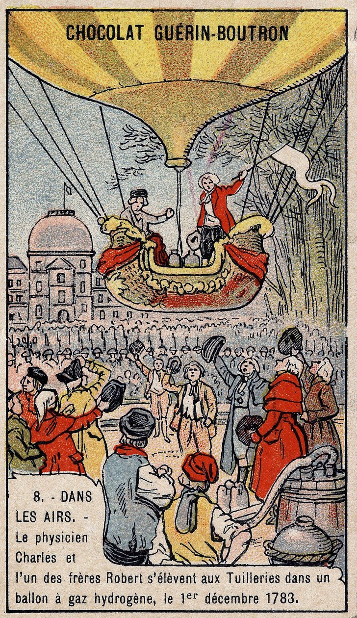 Aufstieg in einem Wasserstoffgasballon der französischen Aeronauten Charles und Robert le Jeune, durchgeführt in Paris, im Tuileriengarten. 1. Dezember von Unknown artist