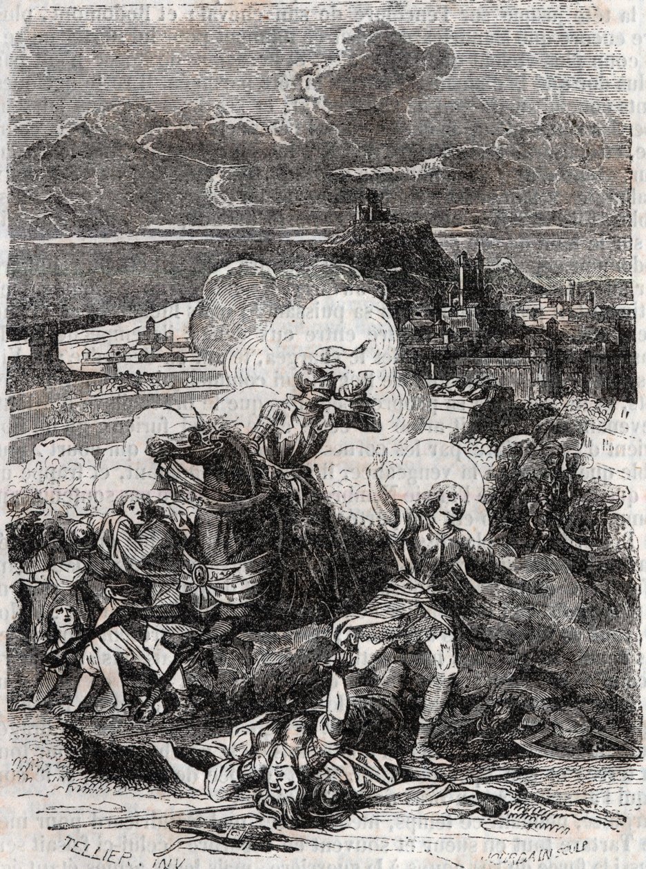 Astolphe lässt mörderische Frauen fliehen - Gravur von 1851 aus „Furious Roland“ (Orlando furioso) (16. Jahrhundert) von Ludovico Ariosto, bekannt als Ariosto - Ausgabe übersetzt aus dem Italienischen von Graf von Tressan und veröffentlicht von Gustave Har von Unknown artist