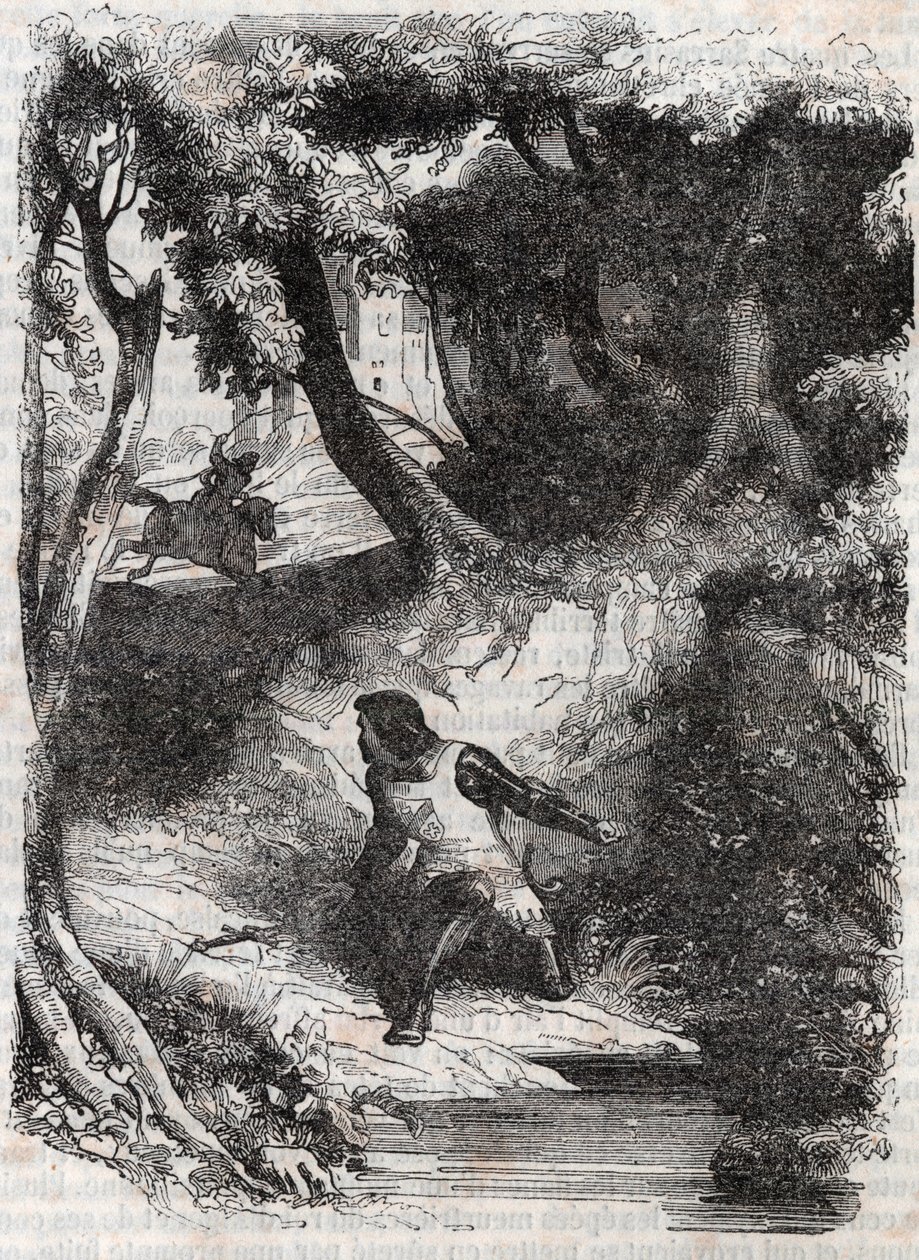 Astolphe am Rand eines Brunnens - Gravur von 1851 aus „Furioser Roland“ (Orlando furioso) (16. Jahrhundert) von Ludovico Ariosto, bekannt als der Ariosta - Ausgabe übersetzt aus dem Italienischen von Graf von Tressan und veröffentlicht von Gustave Harvard von Unknown artist