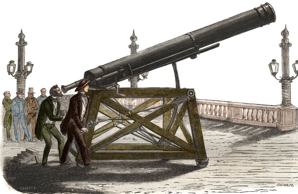 Astronomisches Fernrohr von M. Queslin am Place de la Concorde in Paris. Gravur von 1857 im „Le Musée Des Sciences“ von Unknown artist