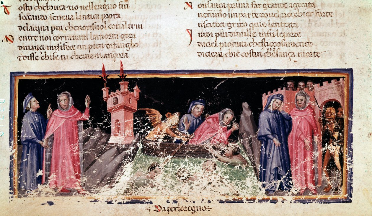 Links stehen Dante und Virgil am Ufer des Flusses Styx, dem düsteren Ufer des Acheron. In der Mitte fährt Charon Dante und Virgil, die sehr beunruhigt aussehen (Gesang 3 aus der Hölle, in der Göttlichen Komödie) - Miniatur von Unknown artist