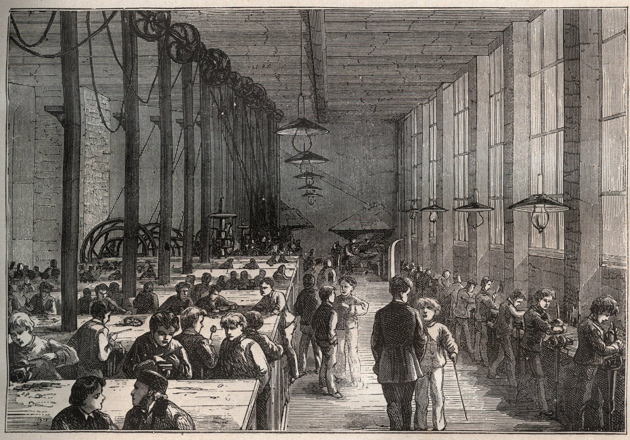 Eisenwerkstatt - Städtische Lehrlingsschule am Boulevard de la Villette in Paris im Jahr 1875 - Gravur von Unknown artist