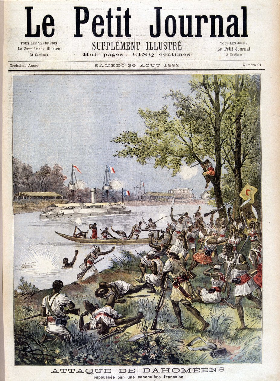 Angriff der Dahomeer abgewehrt von einem französischen Kanonenboot - in „Le Petit Journal“ vom 20.08.1892 von Unknown artist
