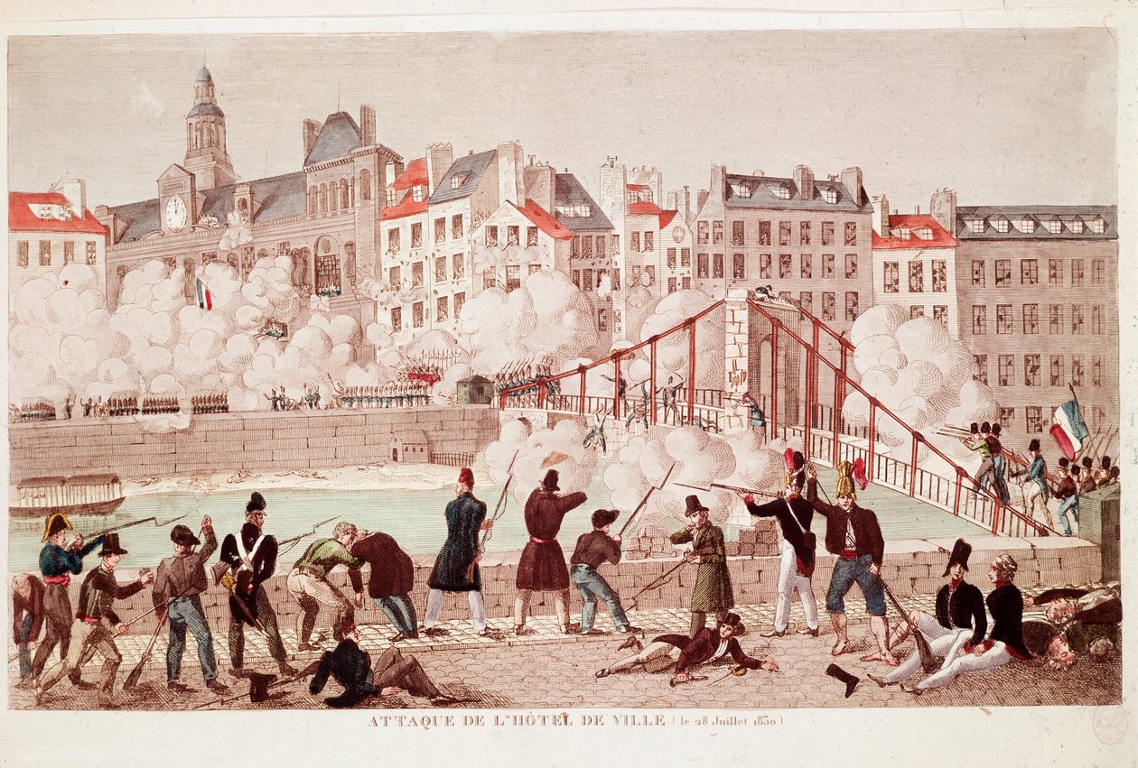 Angriff auf das Rathaus von Paris und die Schlacht an der Brücke von Arcola, 28. Juli 1830 (Gravur) von Unknown artist