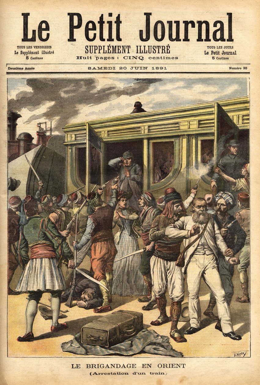 Angriff auf einen Zug durch Räuber in der Nähe von Cherkessklui, nach der Organisation der Entgleisung des Zuges, fangen Athanos und seine Räuber die Passagiere, um sie gegen ein Lösegeld auszutauschen. Gravur in „Le petit journal“ 20/06/1891. Selva-Sammlu von Unknown artist