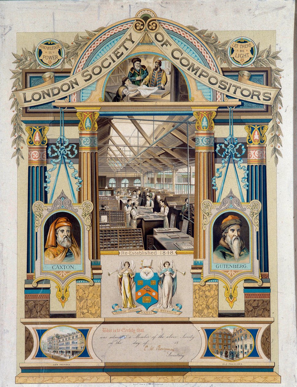 Autograph-Zertifikat des Clavisten, ausgestellt von der Gesellschaft der Clavisten von London. Es ist mit Porträts von Johannes Gutenberg und William Caxton verziert. von Unknown artist