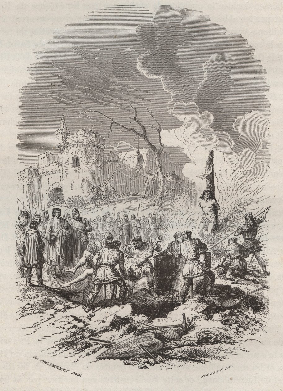 Baldwin V., Graf von Flandern (1012-1067), stellt die Polizei in seinen Staaten wieder her - Gravur von 1868 in „Histoire de Belgique von den frühesten Zeiten bis zum Ende der Herrschaft von Leopold I.“ von Théodore Juste (1818-1888) - Private Sammlung von Unknown artist