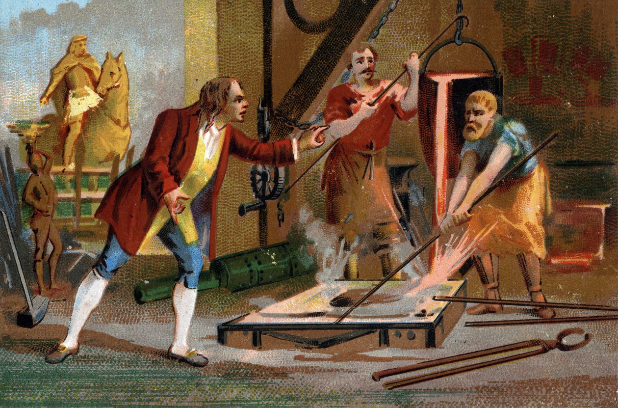 Balthazar Keller (1638-1702), Goldschmied und Gründer, goss in einem einzigen Guss die erste Reiterstatue im Jahr 1699. Späte Chromolithografie des 19. Jahrhunderts von Unknown artist