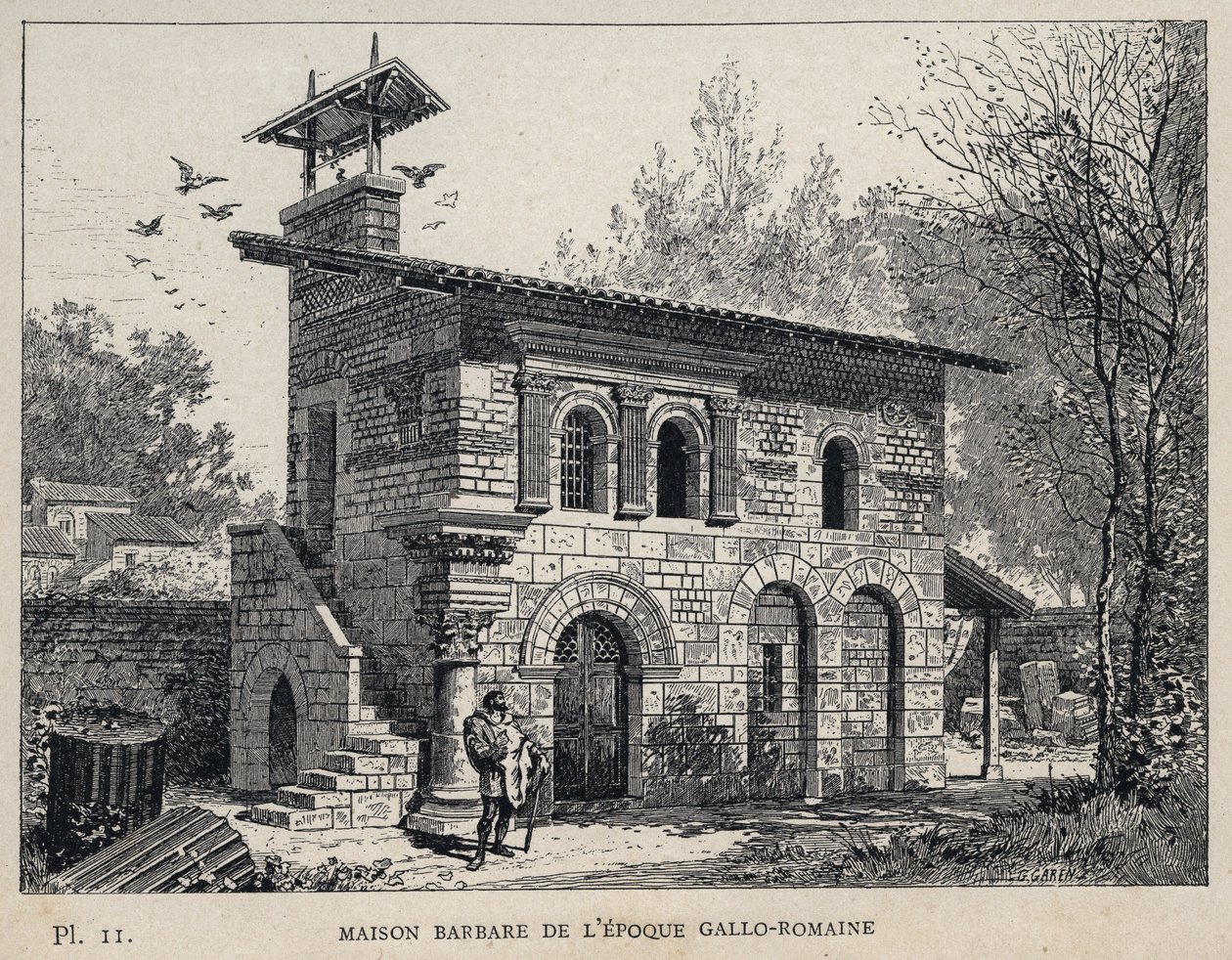 Barbarenhaus der gallo-römischen Zeit - (Barbarenhaus gallo-römische Ära) Gravur von 1889 in „Geschichte der menschlichen Behausung auf der Weltausstellung von 1889, von Herrn Charles Garnier - Zentralbibliothek der Schönen Künste Paris 1889 von Unknown artist