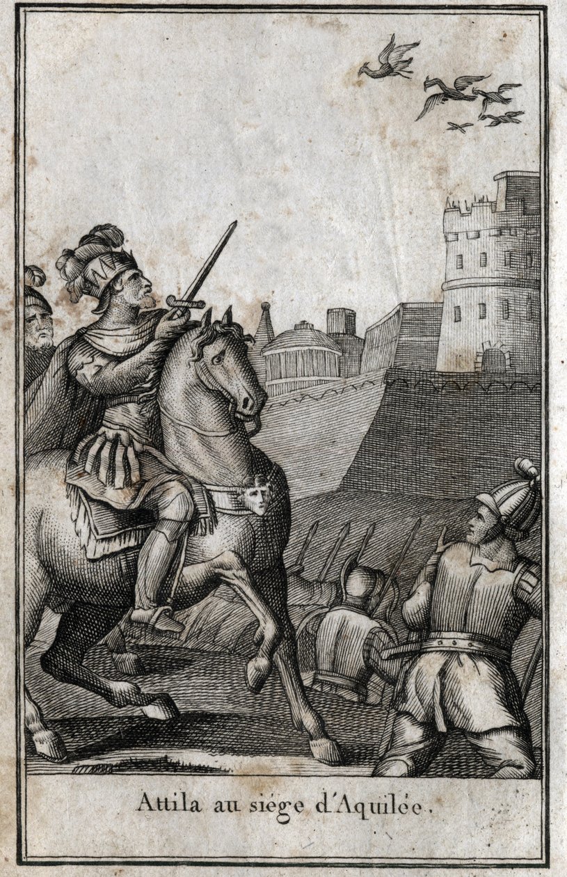 Barbarische Invasionen - Attila (ca. 406-453), König der Hunnen, während der Belagerung von Aquileia in Italien, 452. Stich in „Beauté de l