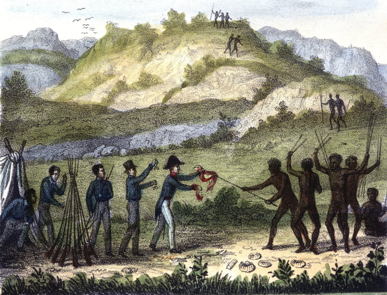 Tauschszene zwischen den Einheimischen und den Westlern nach „Razze e popoli della Terra“, Anfang des 19. Jahrhunderts von Unknown artist