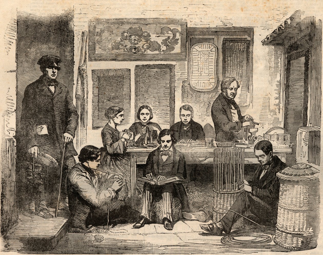 Korb- und Lesewerkstatt für Blinde in der Euston Road in London, organisiert von der Association for Promoting the General Welfare of the Blind. Gravur in „The Illustrated London News“ vom 24. von Unknown artist