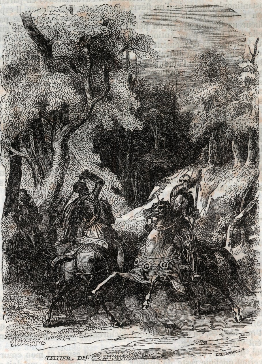 Kampf zwischen Roland und Ferragus - Gravur von 1851 aus „Roland der Rasende“ (Orlando furioso) (16. Jahrhundert) von Ludovico Ariosto, bekannt als der Ariosta - Ausgabe, übersetzt aus dem Italienischen von Graf von Tressan und veröffentlicht von Gustave H von Unknown artist
