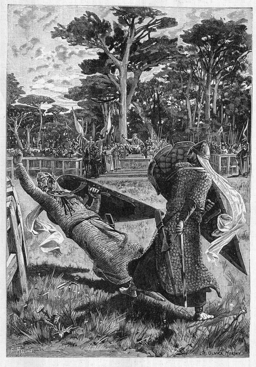 Schlacht der Ritter Pinabel und Thierry im Mittelalter in Frankreich. Illustration des Romans „La chevalerie“ von Léon Gautier (1832-1897). Gravur in „Le Monde Illustré“. von Unknown artist