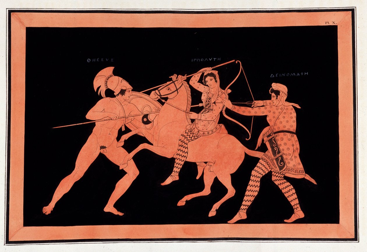 Schlacht der Amazonen Hyppolyte und Deinomache gegen Theseus - „Gemälde antiker Vasen, allgemein etruskisch genannt“, aus verschiedenen Sammlungen und graviert von A. Clener, begleitet von Erklärungen von A.L. Millen. Von Dubois-Maisonneuve. Bibliothek von von Unknown artist