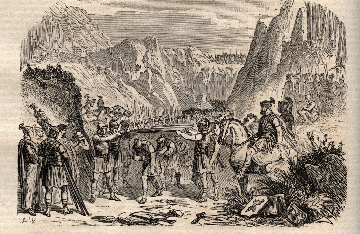 Schlacht an den Kaudinischen Gabeln - Schlacht an den Kaudinischen Gabeln (Furculae Caudinae) - 321 v. Chr. zwischen den Römern und den Samniten während des Zweiten Samnitenkriegs - Zweiter Samnitenkrieg, Schlacht an den Kaudinischen Gabeln 321 v. Chr., da von Unknown artist