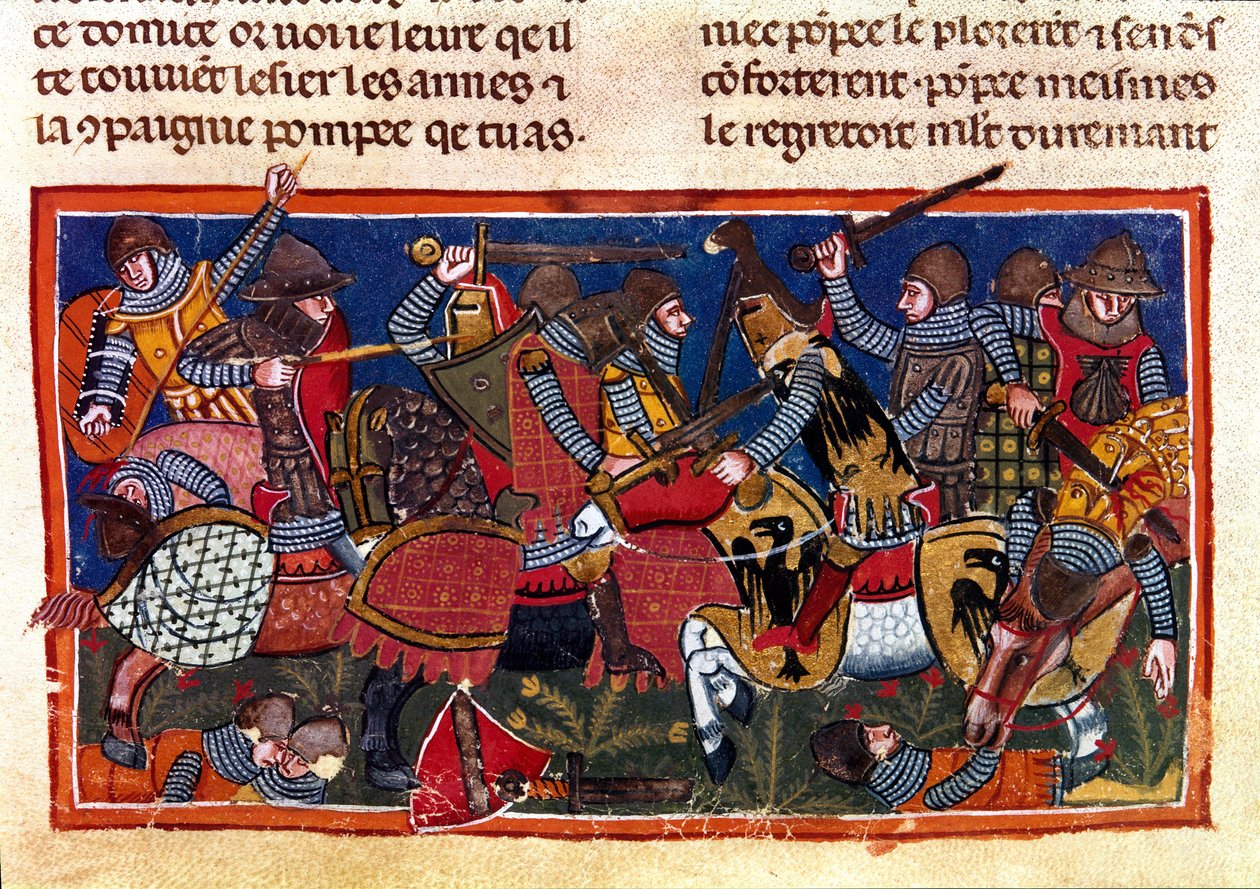 Kampfszene Miniatur aus einem französischen Kodex auf Pergament „Taten der Römer“, der die antike Geschichte bis zu Julius Caesar (101 v. Chr.-44 v. Chr.) erzählt. 13. Jahrhundert Venedig, Biblioteca Marciana von Unknown artist