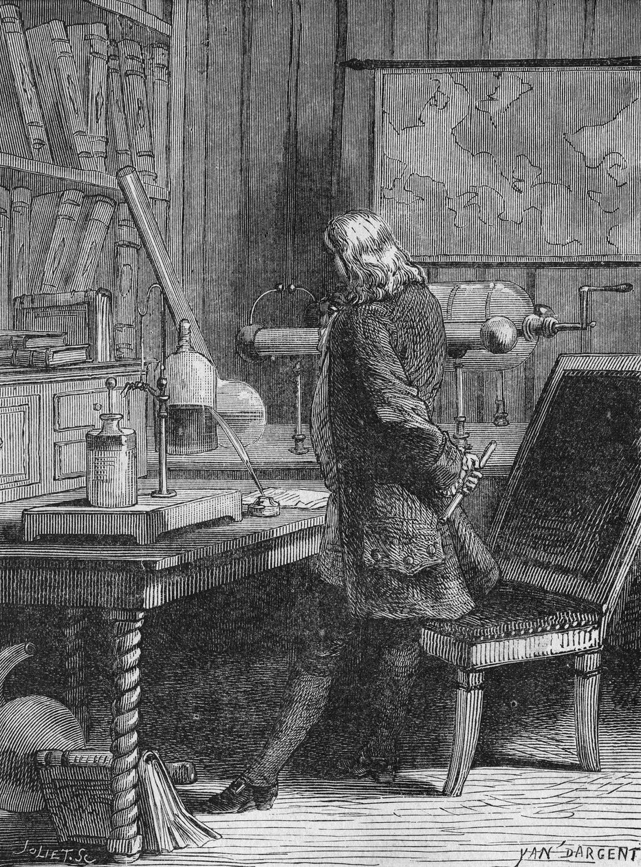 Benjamin Franklin in seinem Physiklabor in Philadelphia. In „Album de la Science“, Éditions Jouvet. von Unknown artist