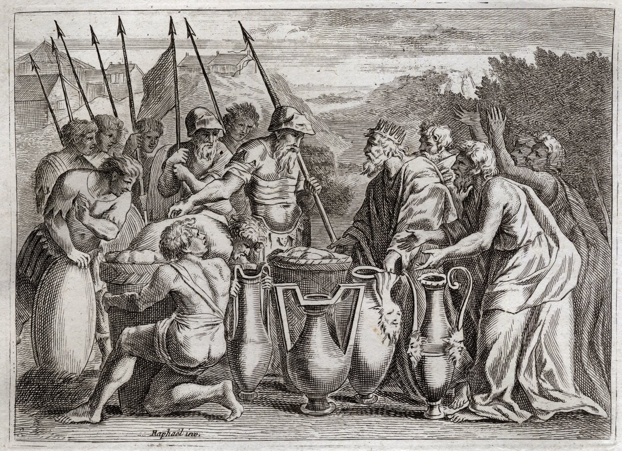 Bibel von Royaumont, Altes Testament: Abraham befreit Lot. Abraham rettet Lot, seinen Neffen, aus den Händen der Feinde. Der Hohepriester Melchisedech segnet. Der König von Sodom bot ihm an von Unknown artist
