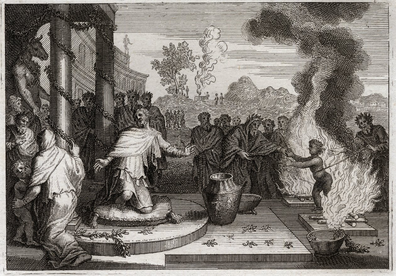 Bibel von Royaumont, Altes Testament: Ahas, unheiliger König. Der böse Ahas, König von Juda, erzürnt Gott und wird den Feinden ausgeliefert. Illustration von 1811. von Unknown artist