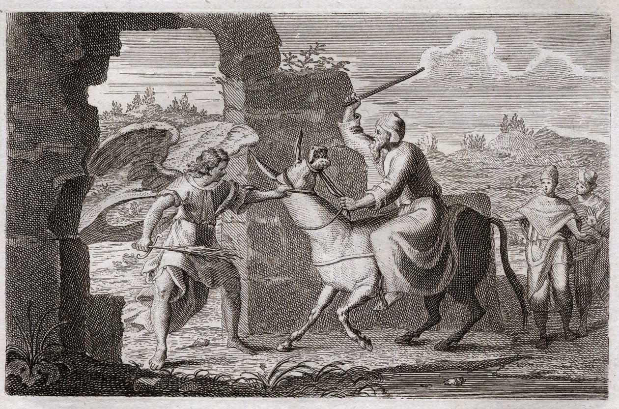 Bibel von Royaumont, Altes Testament: Bileam. Der falsche Prophet Bileam segnet das Volk Gottes, obwohl König Balak ihn geschickt hatte, es zu verfluchen. Sein Esel spricht zu ihm, um sich darüber zu beschweren, dass er ihn schlägt, weil er stehen gebliebe von Unknown artist