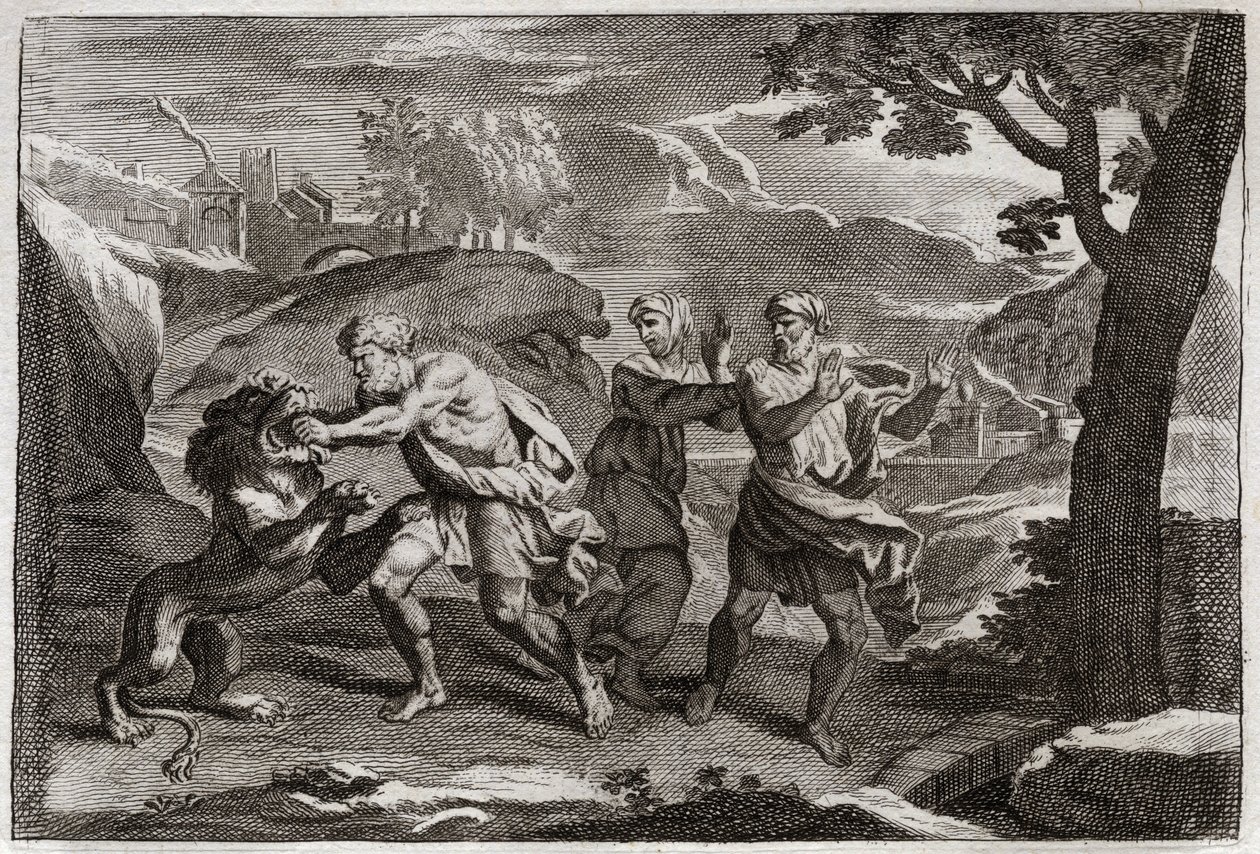 Bibel von Royaumont, Altes Testament: Geburt von Samson. Samson zerreißt einen Löwen in Stücke. Illustration von 1811. von Unknown artist