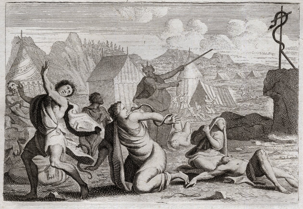 Bibel von Royaumont, Altes Testament: Eherne Schlange. Das Volk murrte gegen Gott und gegen Moses und wurde von Feuerschlangen bestraft; sie wurden von einer ehernen Schlange geheilt, die Moses erhob, damit sie von allen gesehen werden konnte. Illustration von Unknown artist
