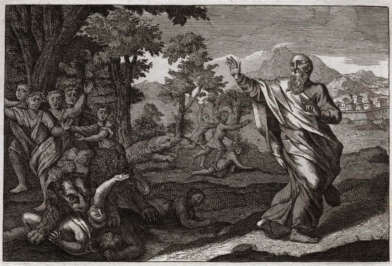 Bibel von Royaumont, Altes Testament: Kinder werden von Bären verschlungen. Kinder, die sich über Elises Kahlheit lustig machen, werden von Bären zerrissen. Illustration von 1811. von Unknown artist