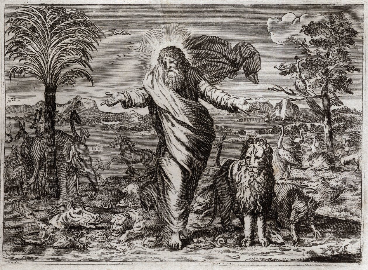 Royaumont-Bibel, Altes Testament: Schöpfung der Welt. Gott erschafft Himmel und Erde aus dem Nichts und schmückt sie in sechs Tagen mit Kreaturen aller Art. Illustration von 1811. von Unknown artist
