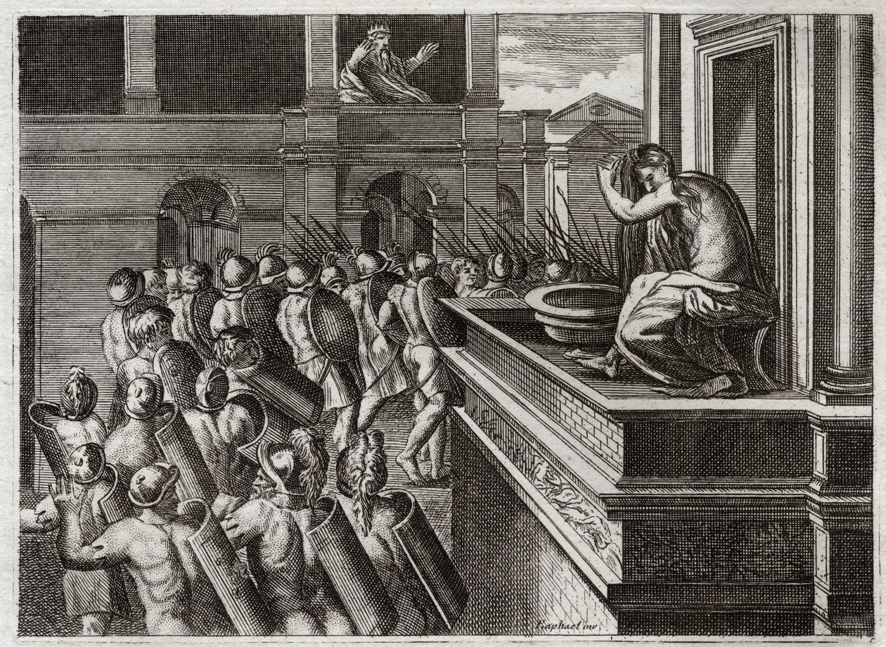 Royaumont-Bibel, Altes Testament: Verbrechen Davids oder Bathseba im Bad. David sah Bathseba von weitem, die Frau des Hethiters Uria (oder Uria der Hethiter), beim Baden und begehrte sie, und tötete dann ihren Mann Uria. Illustration von 1811. von Unknown artist