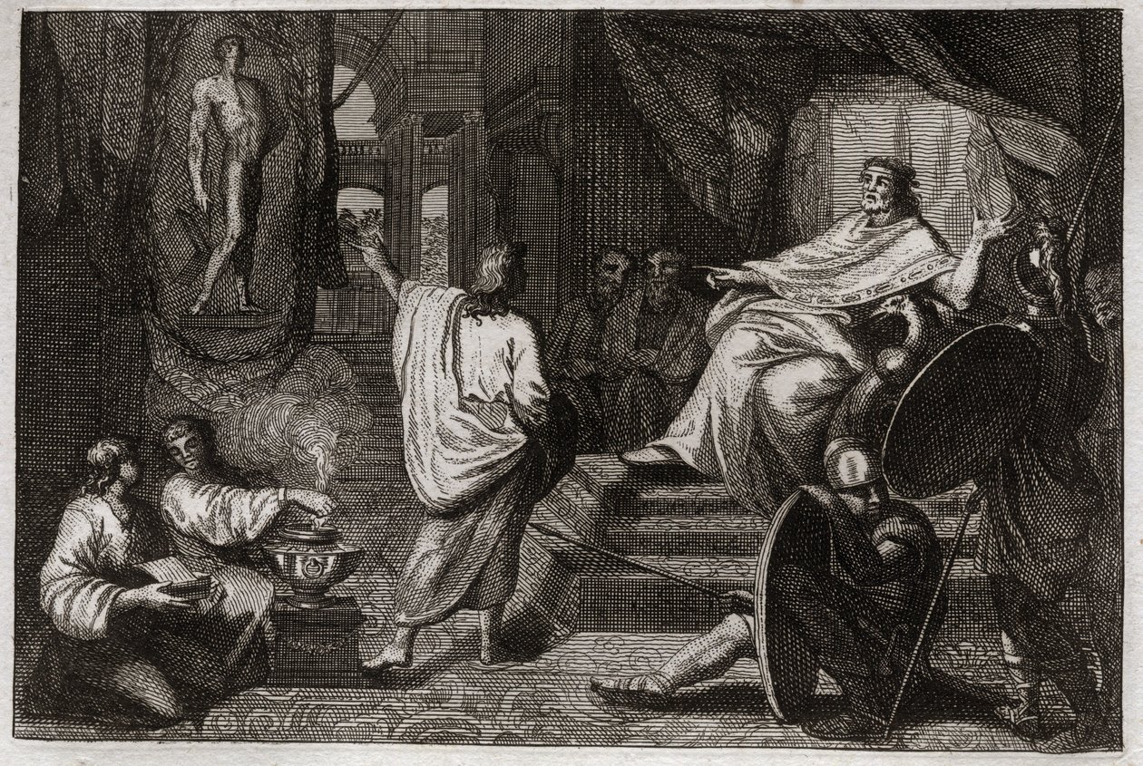 Bibel von Royaumont, Altes Testament: Prophet Daniel. Prophet Daniel offenbart König Nebukadnezar II. einen Traum, den dieser hatte, und erklärt ihm dessen Bedeutung. Illustration von 1811. von Unknown artist