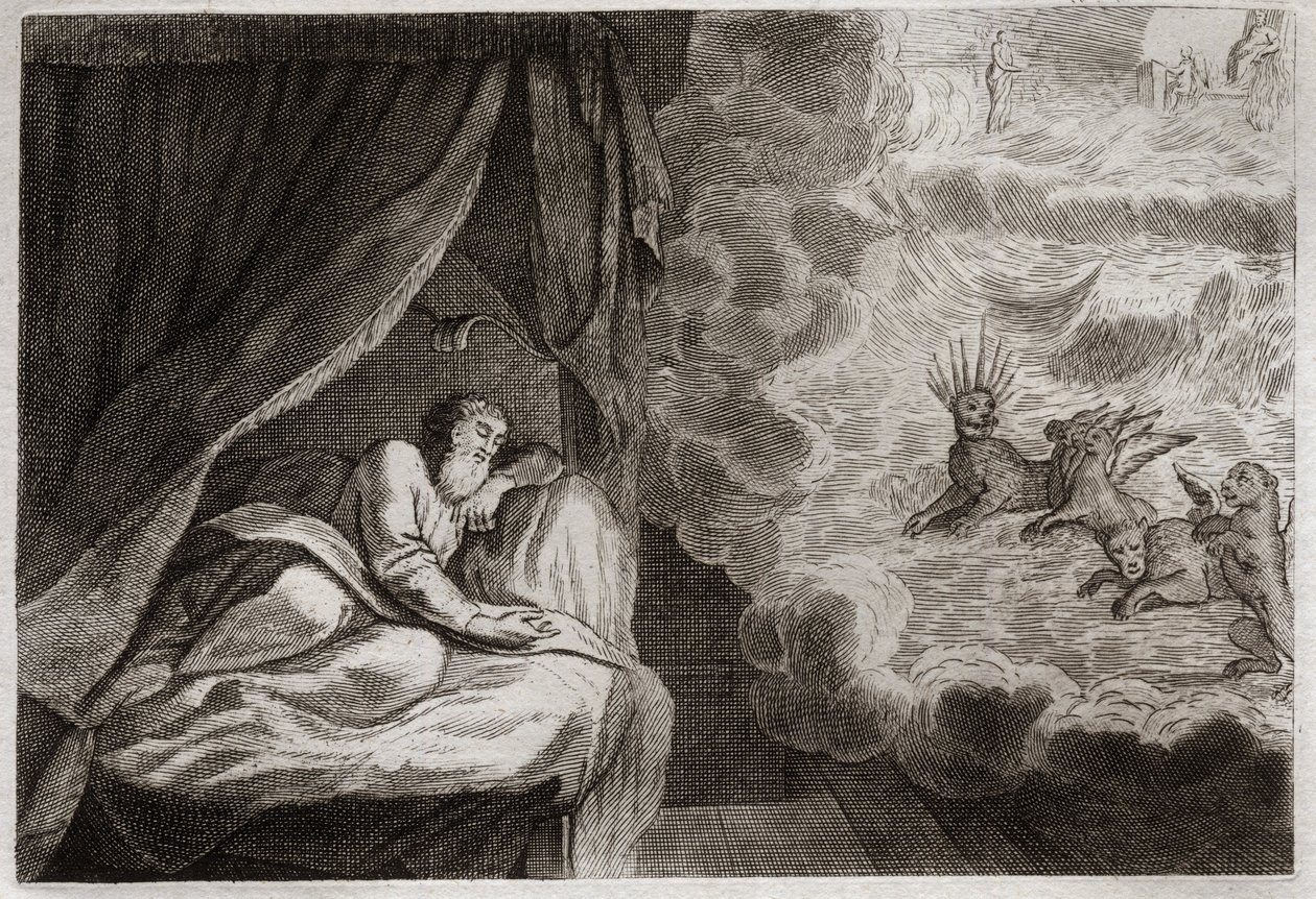 Bibel von Royaumont, Altes Testament: Daniels Vision der vier Monarchien der Assyrer, Perser, Griechen und Römer. Sie sehen vier Monster: Haniel, Kafziel, Azriel, Aniel. Illustration von 1811. von Unknown artist