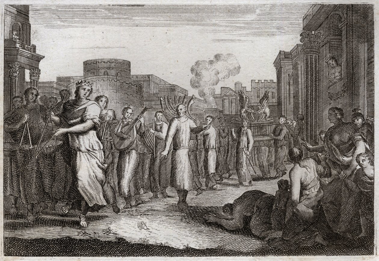 Royaumont-Bibel, Altes Testament: David tanzt vor der Bundeslade. David, der beschlossen hat, die Lade ein zweites Mal zu sich nach Hause zu bringen, lässt sie von Leviten tragen und begleiten, um einen Unfall wie den von Oza zu vermeiden. Er tanzt vor von Unknown artist